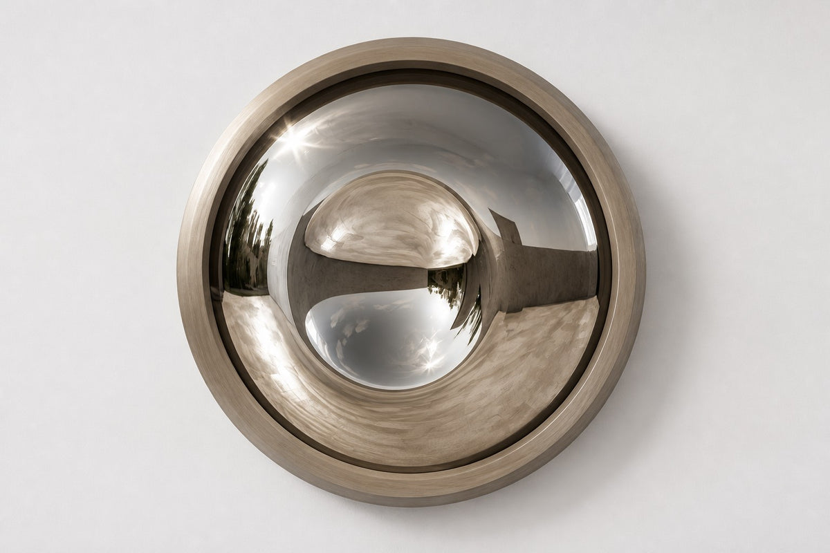 Tsuki — Ø 160 cm concave mirror stainless steel moon wall sculpture, studio front view