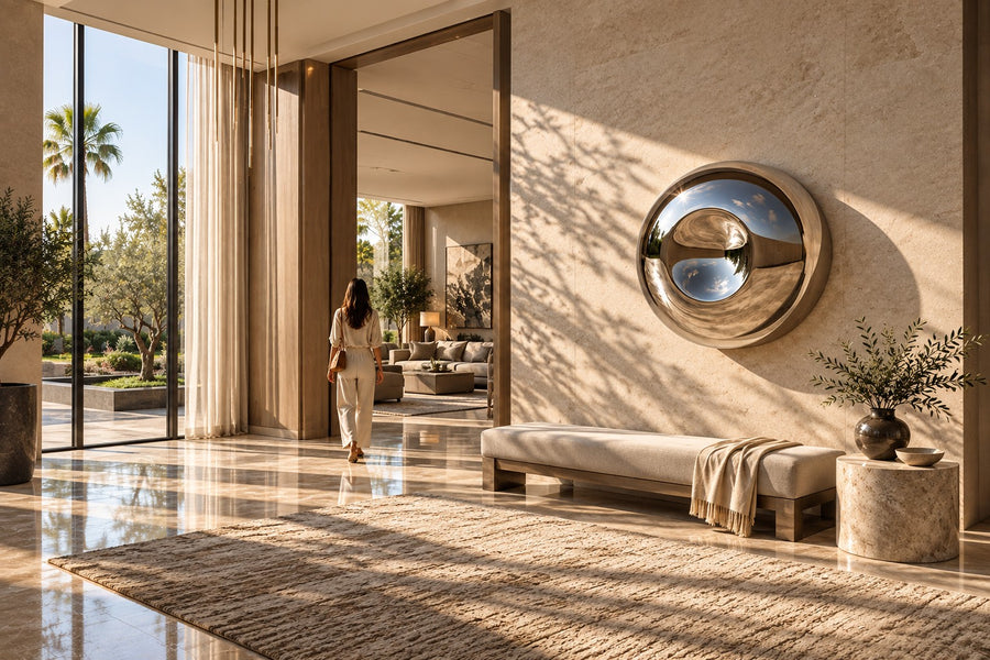 Tsuki — Ø 160 cm concave mirror stainless steel moon wall sculpture, installed on the wall of a furnished room