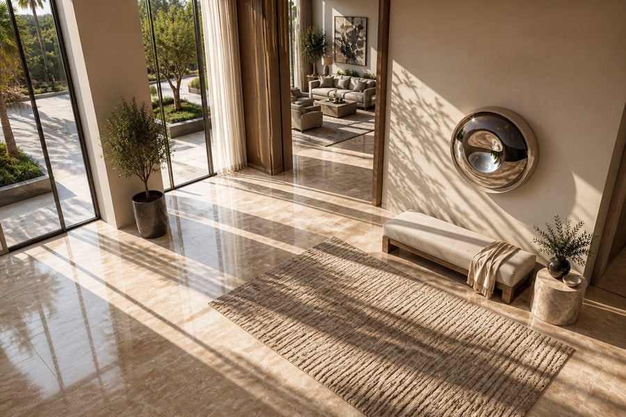 Tsuki — Ø 160 cm concave mirror stainless steel moon wall sculpture, seen from above in the room