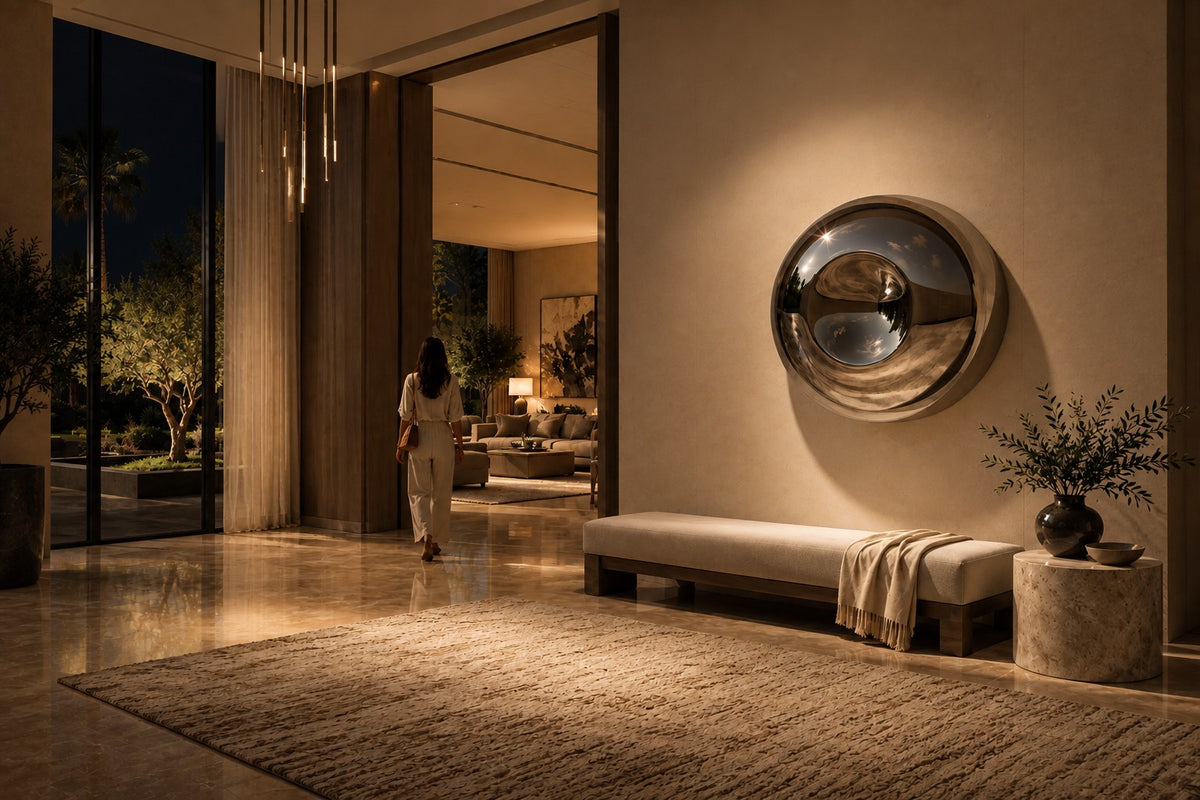 Tsuki — Ø 160 cm concave mirror stainless steel moon wall sculpture, the same room at night, lamps on