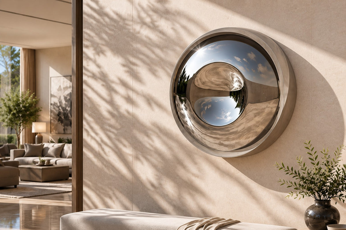 Tsuki — Ø 160 cm concave mirror stainless steel moon wall sculpture, close view on the wall