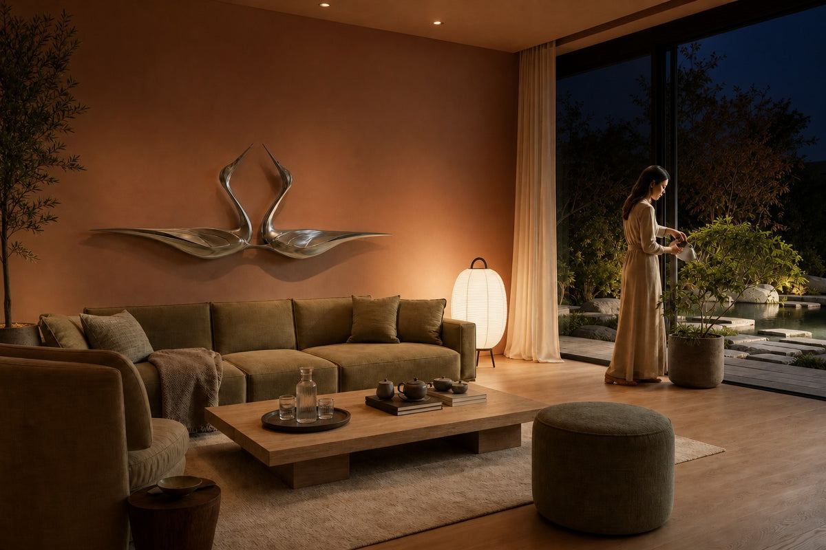 Tsuru — satin stainless steel pair of cranes wall sculpture, the same room at night, lamps on