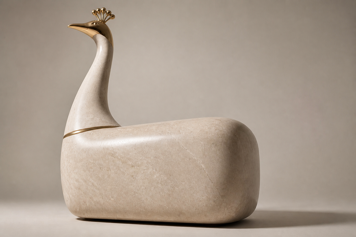 Tuma 95 stone sculptural bench, three-quarter studio view showing its profile