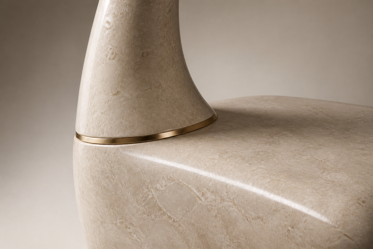 Tuma 95 stone sculptural bench, close studio detail of the surface and material