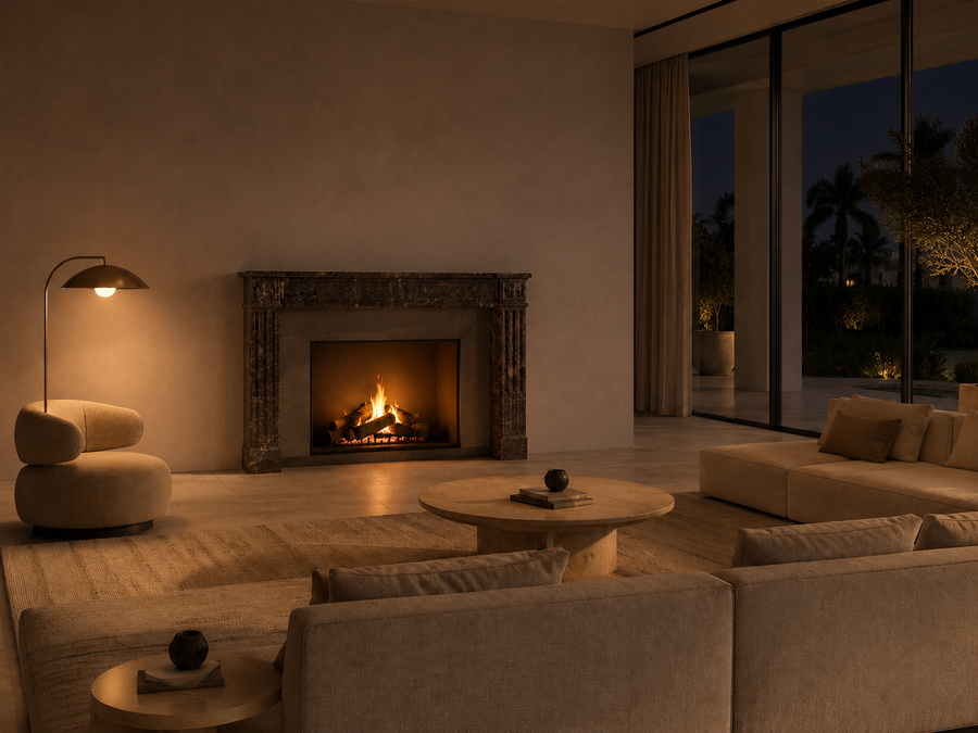 Urbino fireplace, in a room setting under evening light
