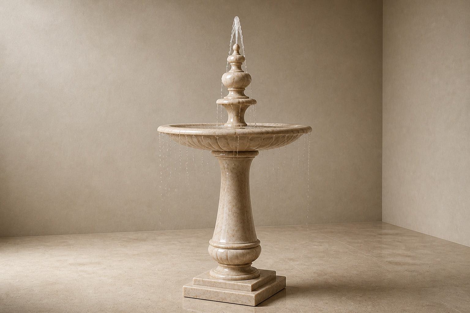 Pale limestone pedestal fountain Vasca Ø65, cream and white with amber veining, on a pale stone floor.