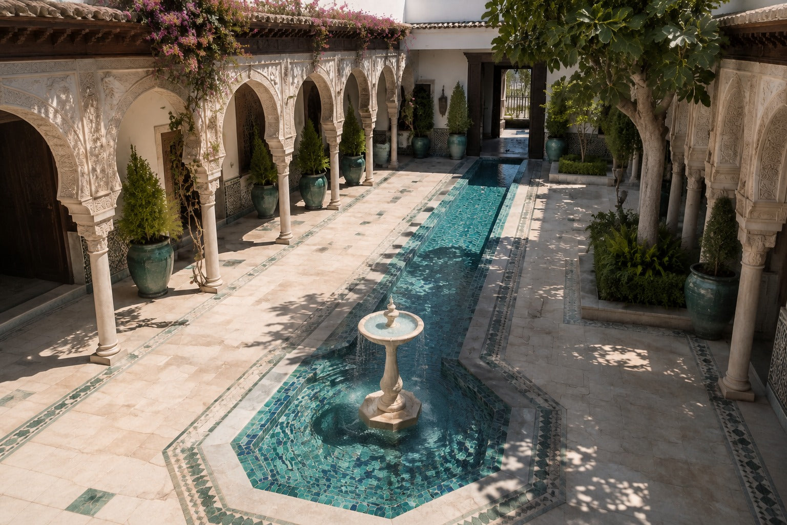 Pale limestone pedestal fountain Vasca Ø65, cream and white with amber veining, on a pale stone floor.