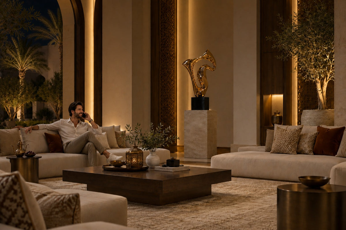 Vega — polished rose bronze abstract wing sculpture on a black base, the same room at night, lamps on