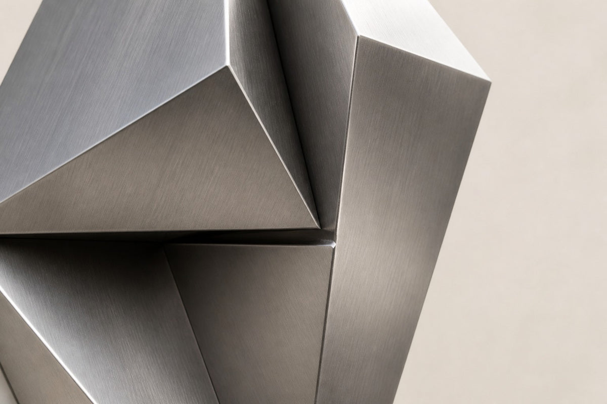 Veila — faceted stainless wall fountain, close detail of the surface and edge