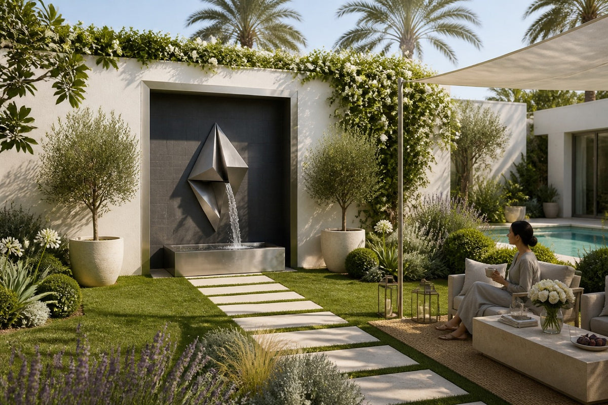 Veila — faceted stainless wall fountain, installed on the wall in a furnished setting