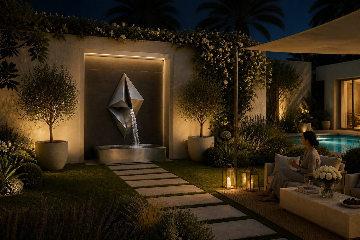 Veila — faceted stainless wall fountain, the same setting at night, water lit