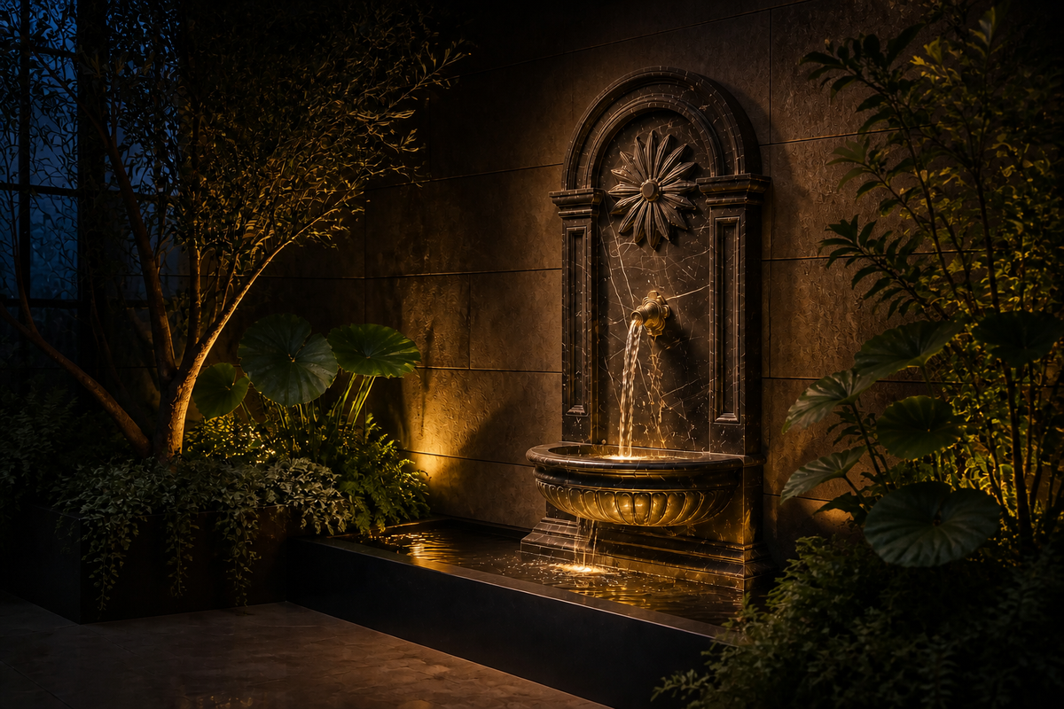 Velina marble wall fountain, seen in a courtyard setting with planting