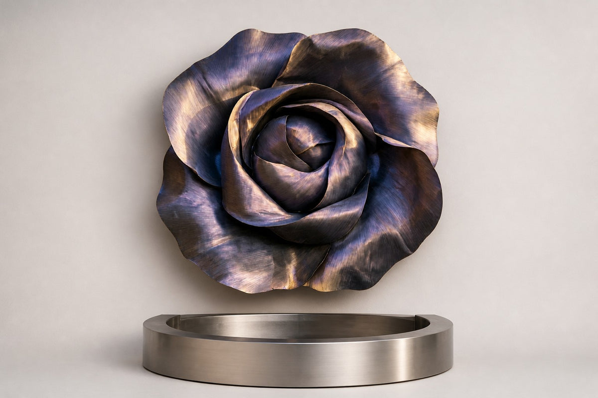 Velour — Ø 130 cm bronze-violet rose wall fountain, studio front view