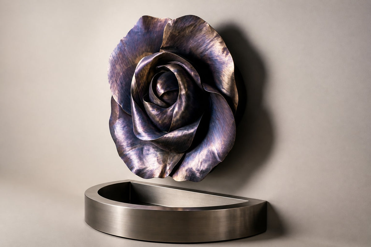 Velour — Ø 130 cm bronze-violet rose wall fountain, studio side angle showing its depth