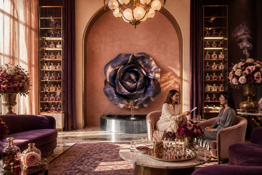 Velour — Ø 130 cm bronze-violet rose wall fountain, installed on the wall in a furnished setting