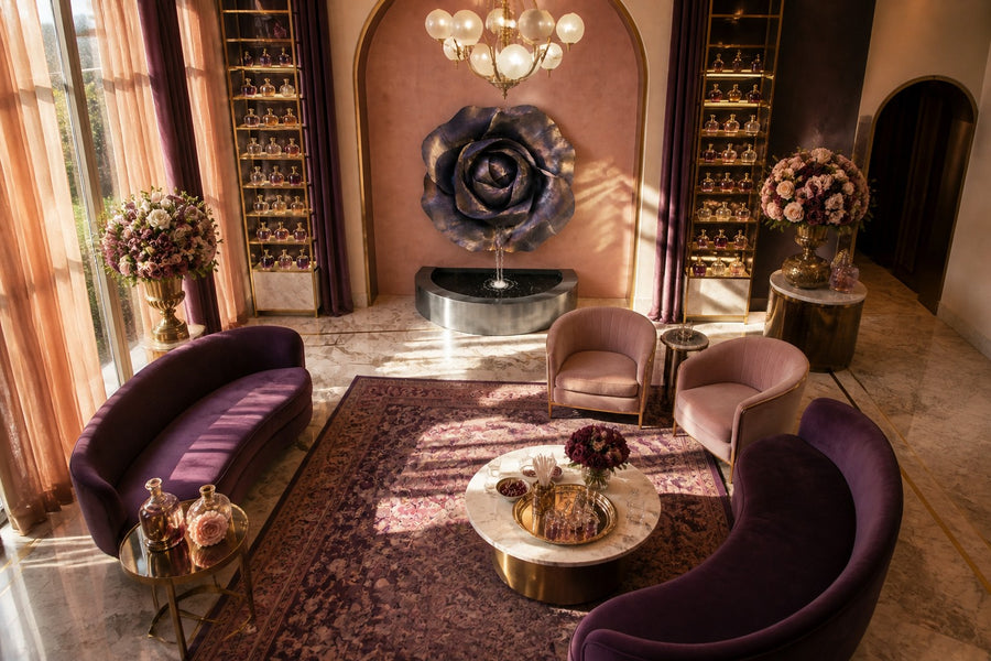 Velour — Ø 130 cm bronze-violet rose wall fountain, seen from above in the setting