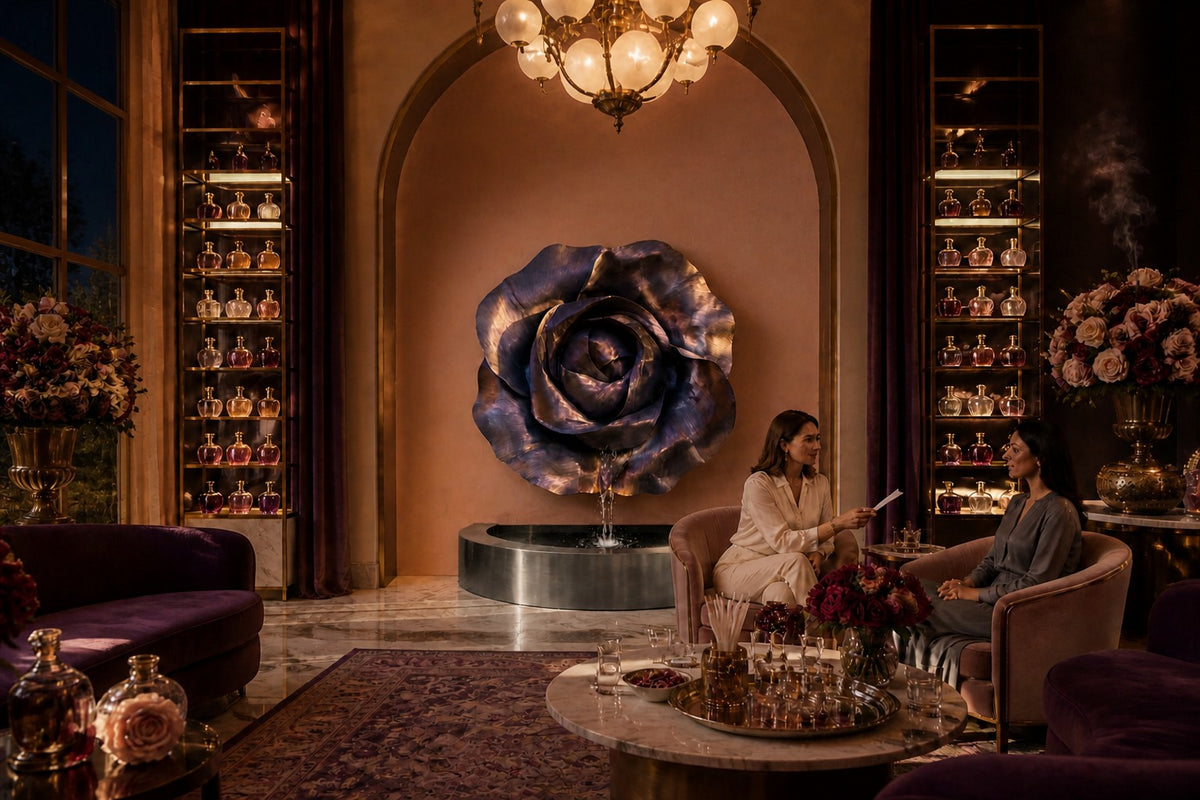 Velour — Ø 130 cm bronze-violet rose wall fountain, the same setting at night, water lit