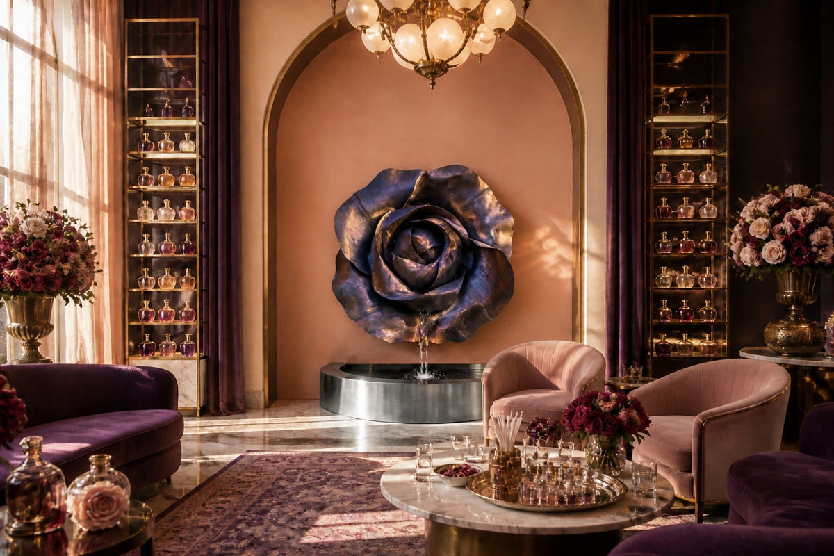 Velour — Ø 130 cm bronze-violet rose wall fountain, close view on the wall with water running