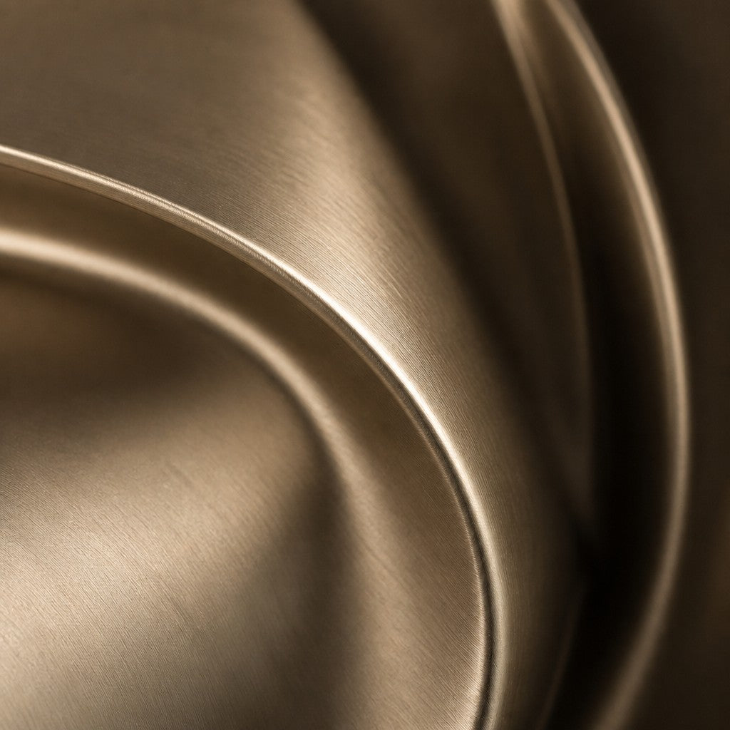 Ventaglio — 100 × 120 cm champagne brass wall sculpture of a folded fan, close studio detail of the surface and material