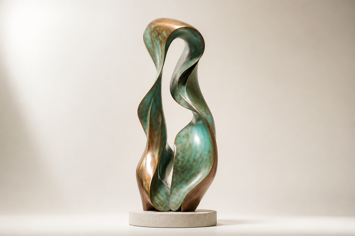 VERDANT EMBRACE bronze sculpture, three-quarter studio view showing its profile