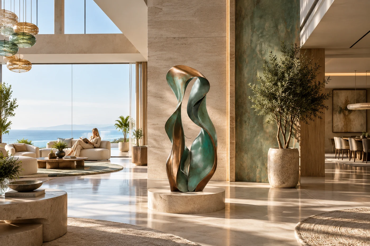 VERDANT EMBRACE bronze sculpture, shown in a room setting, at full scale