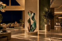 VERDANT EMBRACE bronze sculpture, in a room setting under evening light