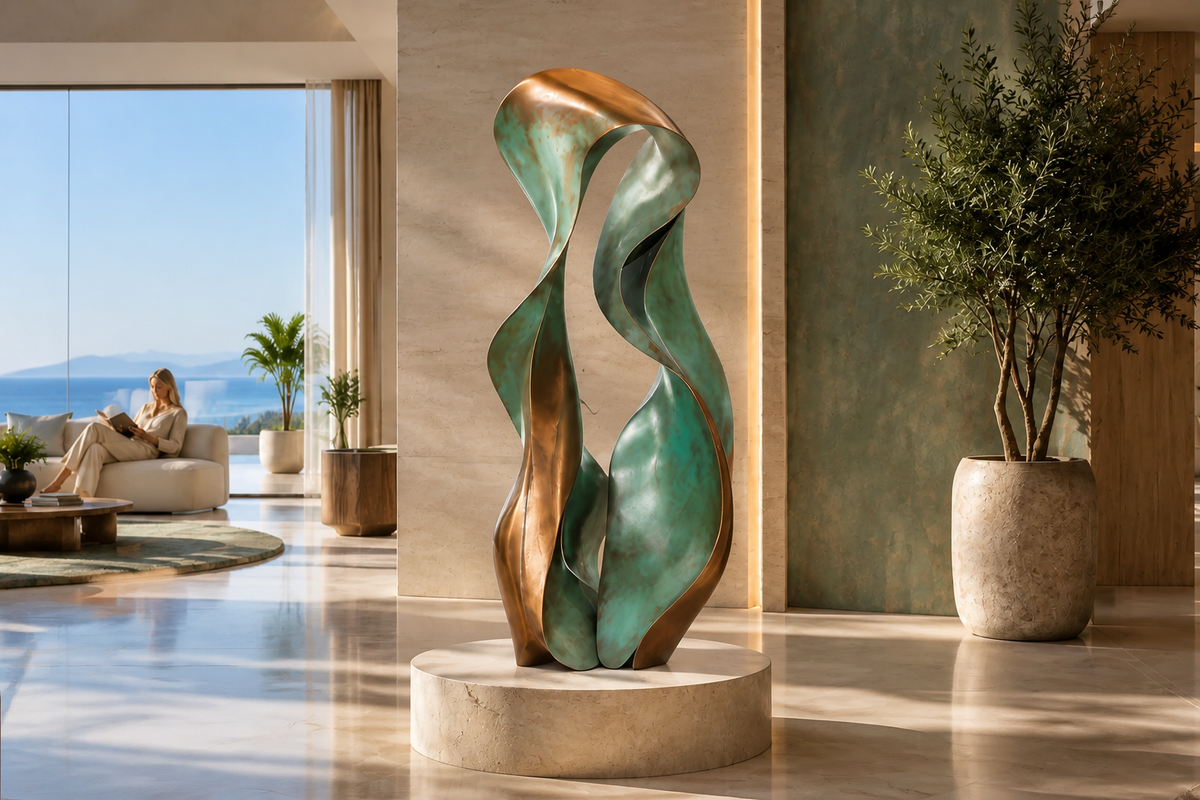 VERDANT EMBRACE bronze sculpture, close view of the form in its setting