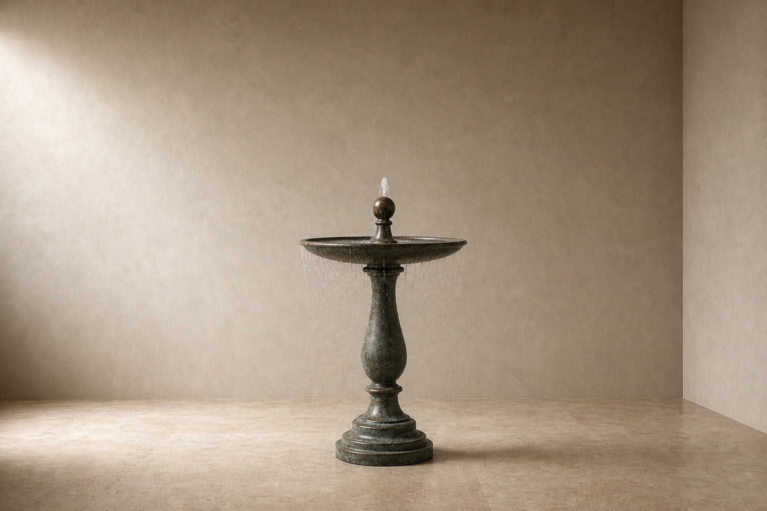 Stone pedestal fountain Verdara Ø65, verdigris green over grey, on a pale stone floor.