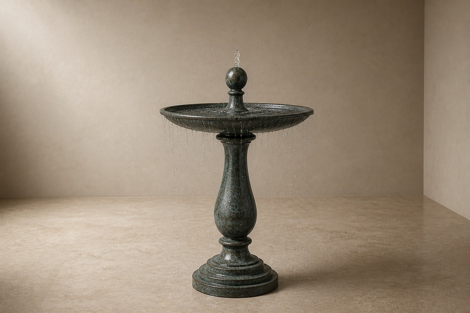 Stone pedestal fountain Verdara Ø65, verdigris green over grey, on a pale stone floor.