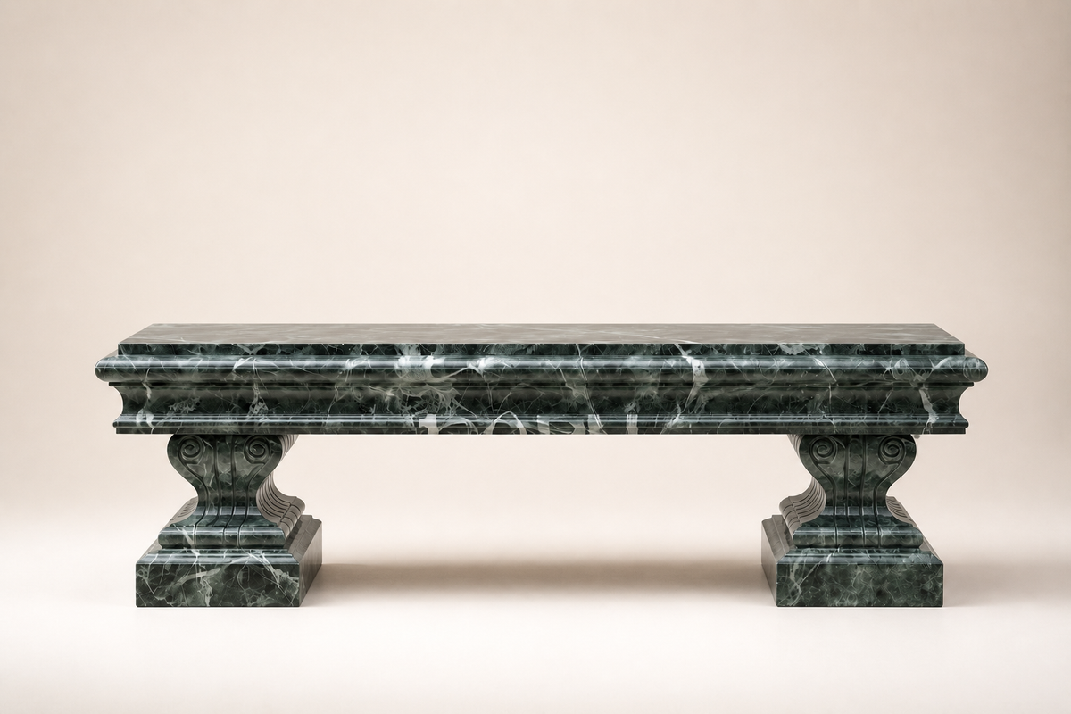 VERDE REGALIA BENCH, studio view of the whole piece