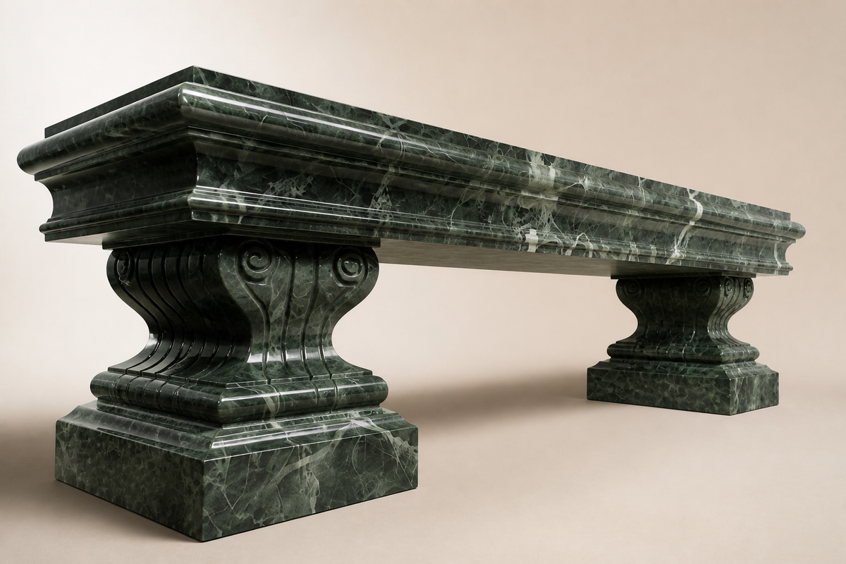 VERDE REGALIA BENCH, three-quarter studio view showing its profile