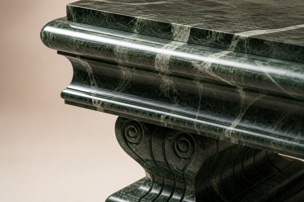 VERDE REGALIA BENCH, close studio detail of the surface and material
