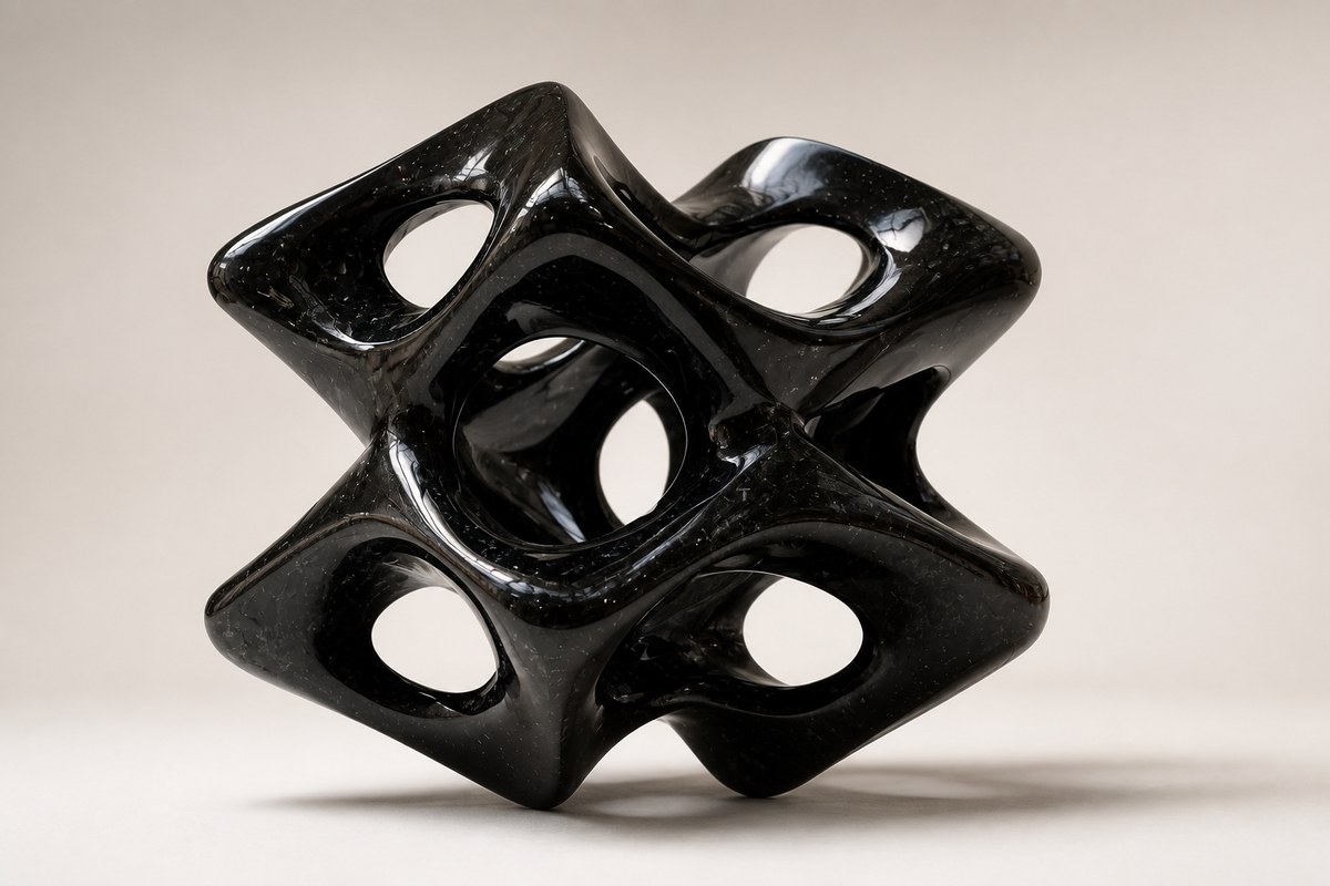 VOID marble sculpture, three-quarter studio view showing its profile