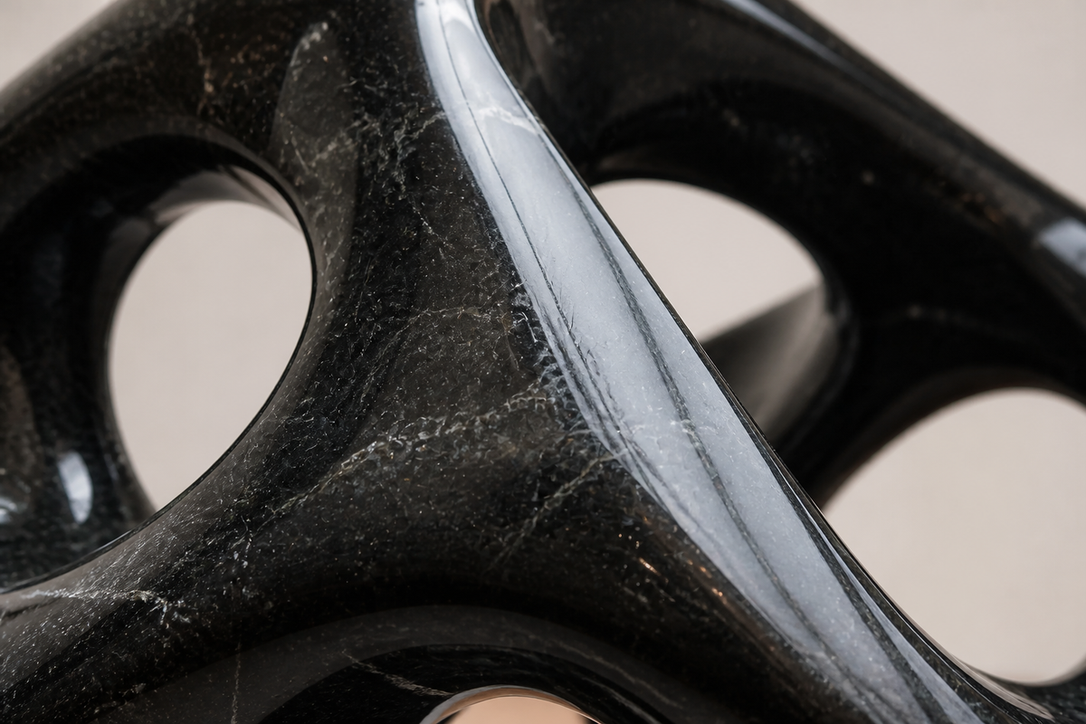 VOID marble sculpture, close studio detail of the surface and material