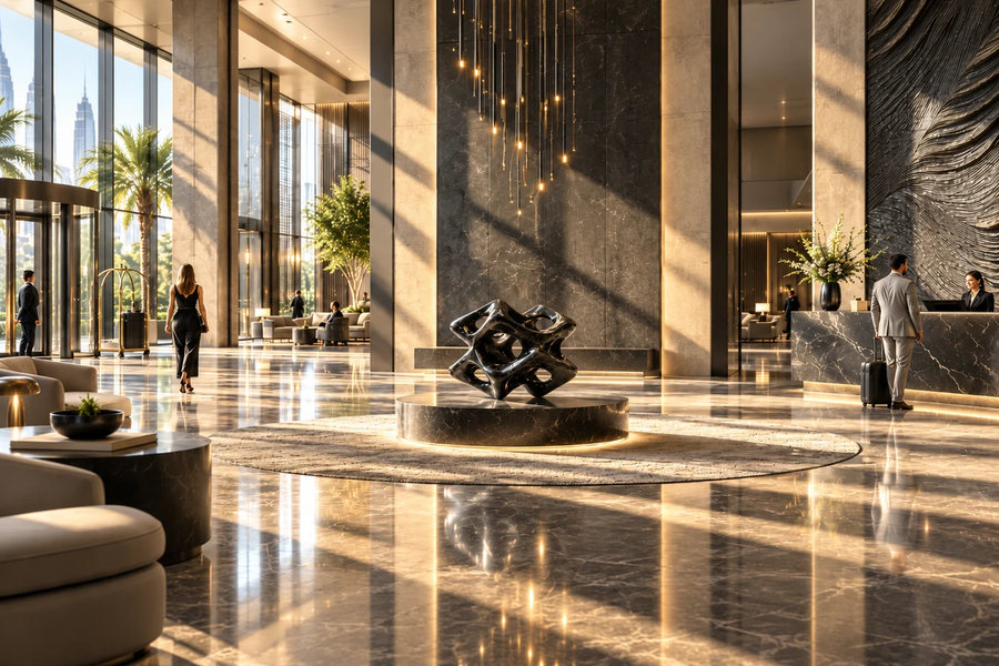 VOID marble sculpture, shown in a room setting, at full scale