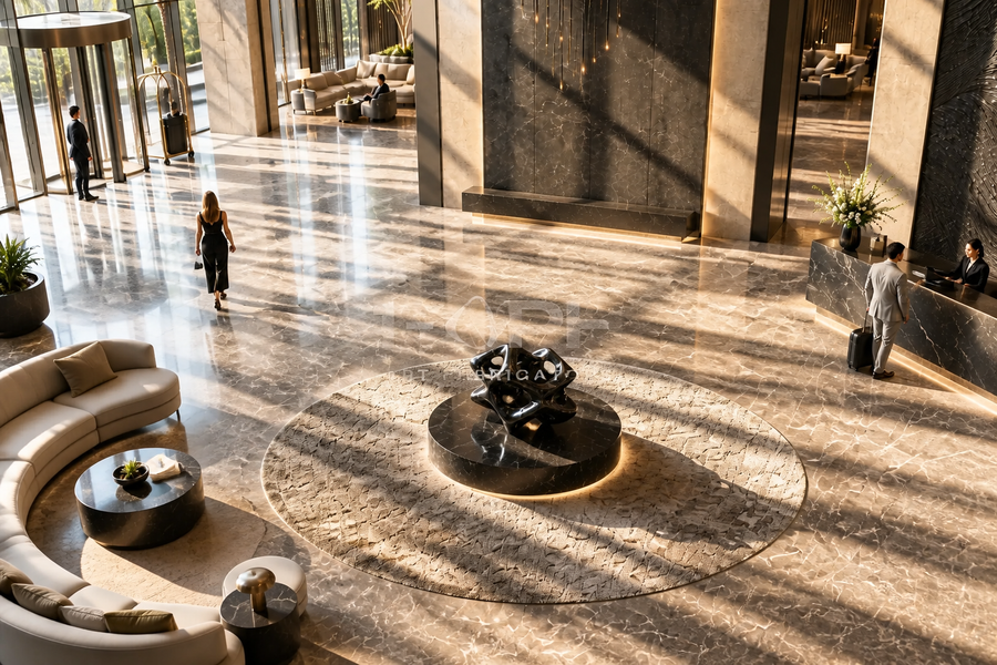 VOID marble sculpture, overhead view in a room setting