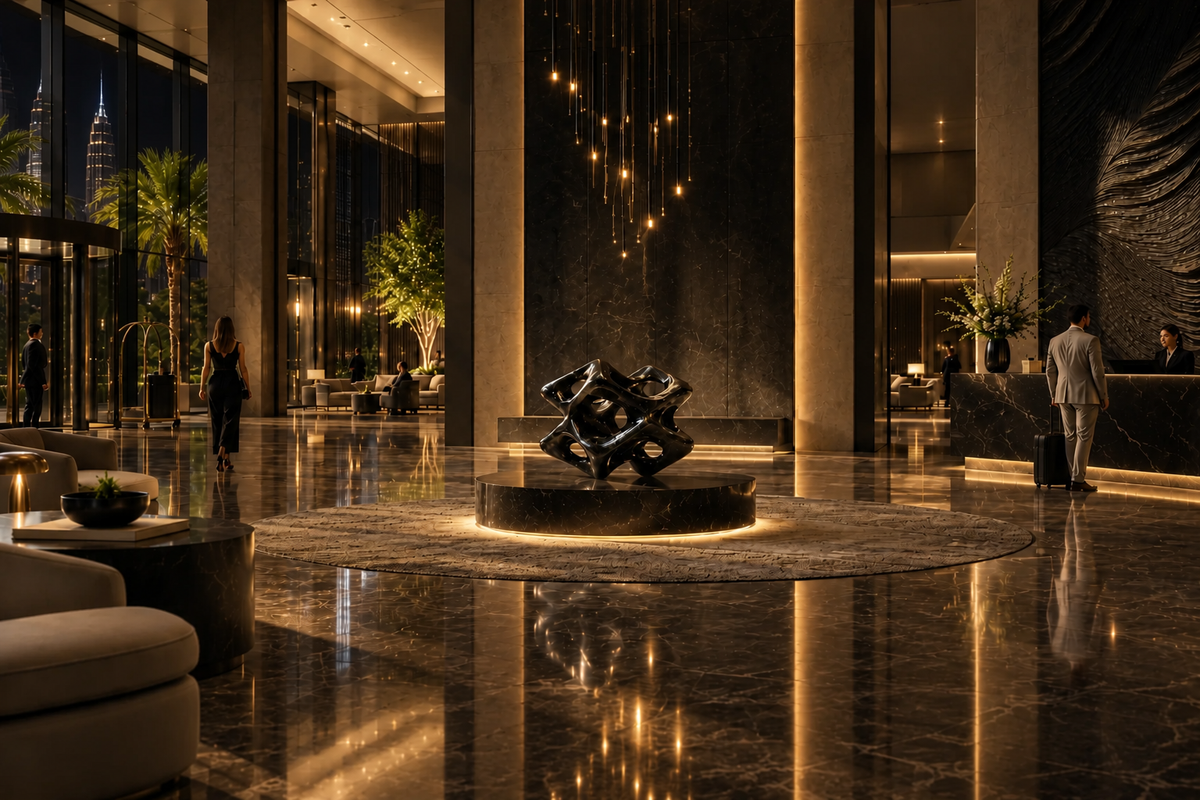 VOID marble sculpture, in a room setting under evening light