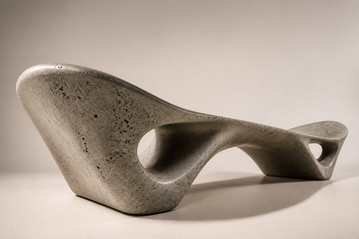 VOIDWAVE SCULPTURE BENCH XVII, three-quarter studio view showing its profile