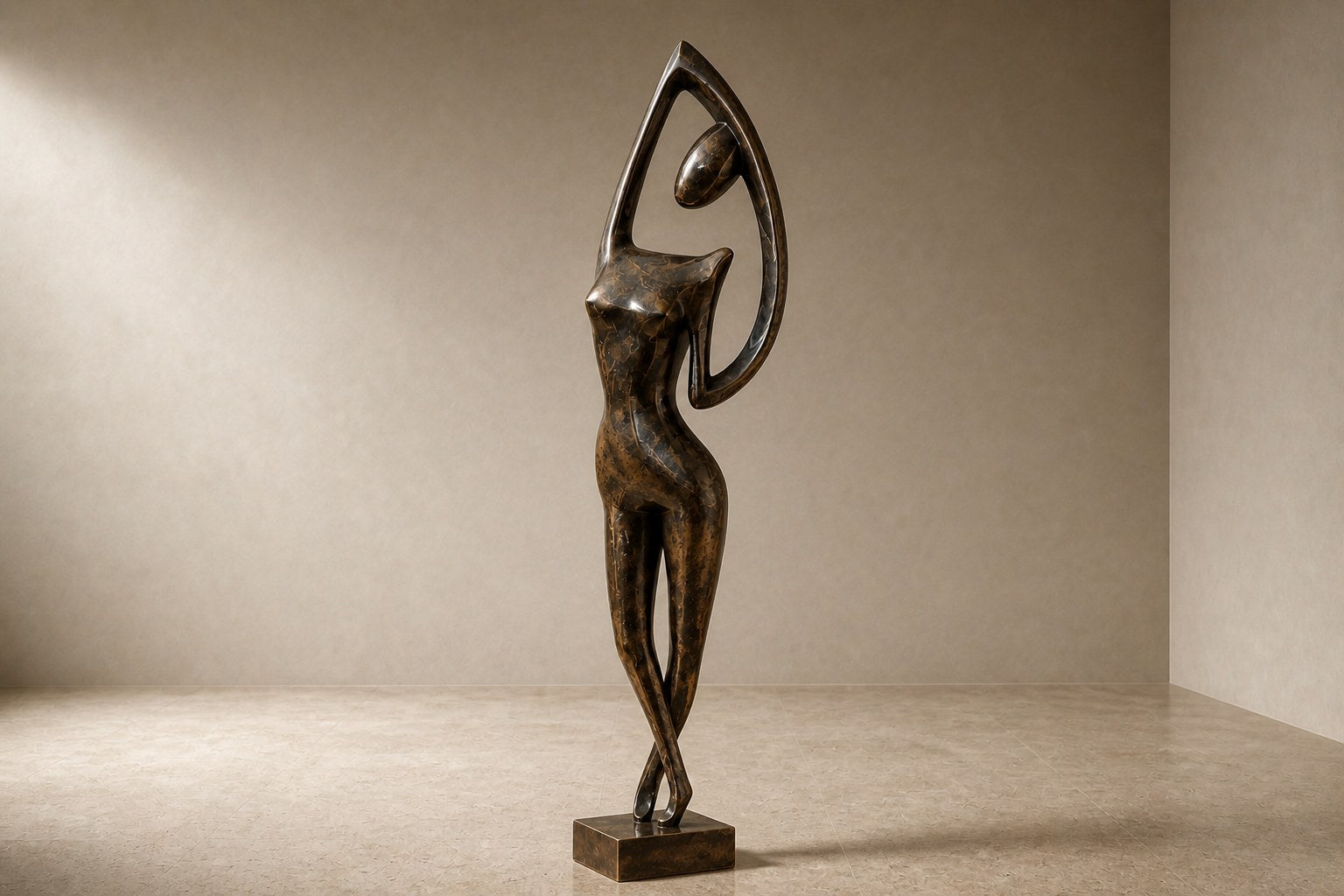 Patinated bronze figure sculpture Voluta, one arm arced overhead into a closed loop, on a small bronze block base.