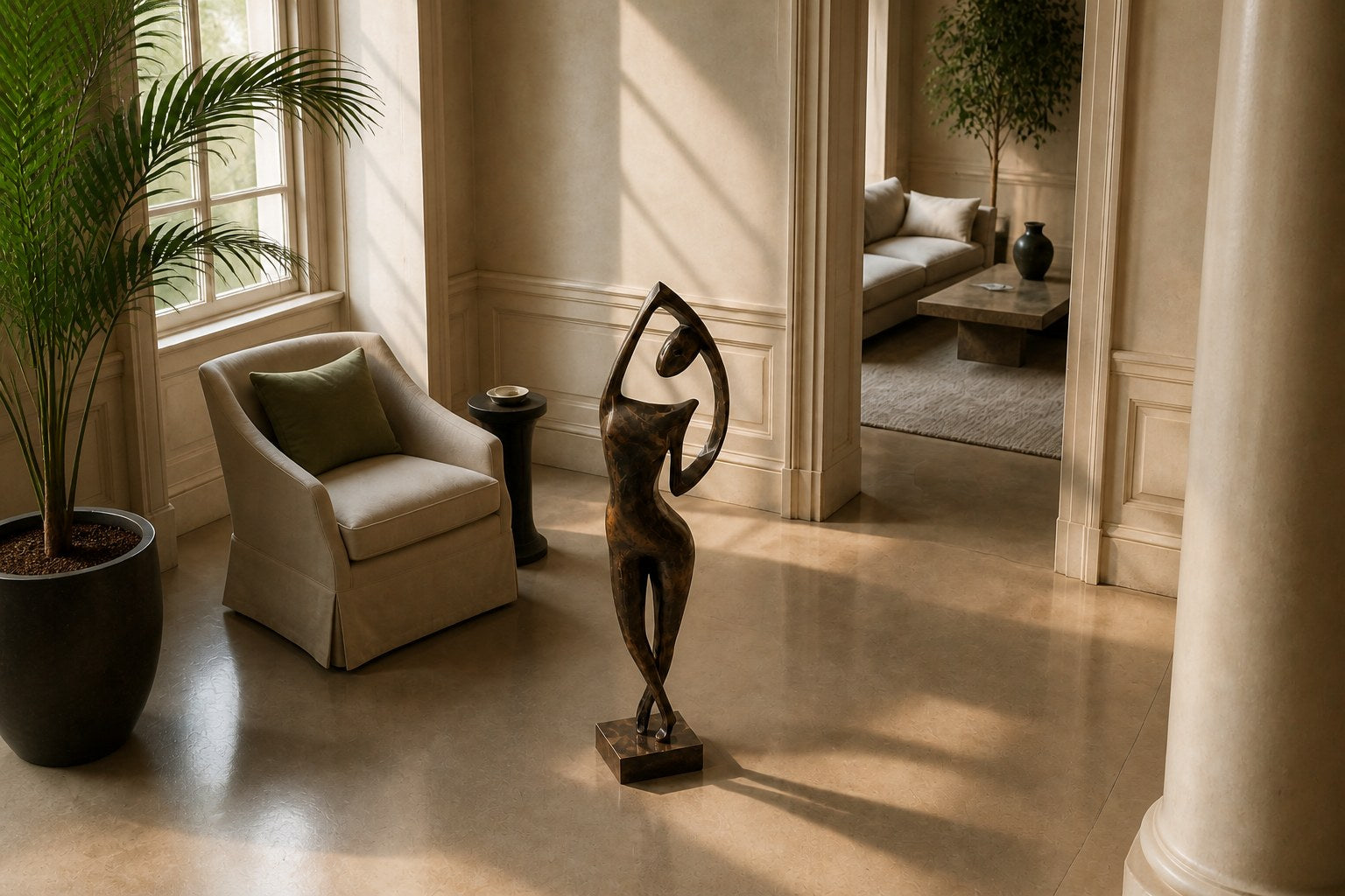Patinated bronze figure sculpture Voluta, one arm arced overhead into a closed loop, on a small bronze block base.