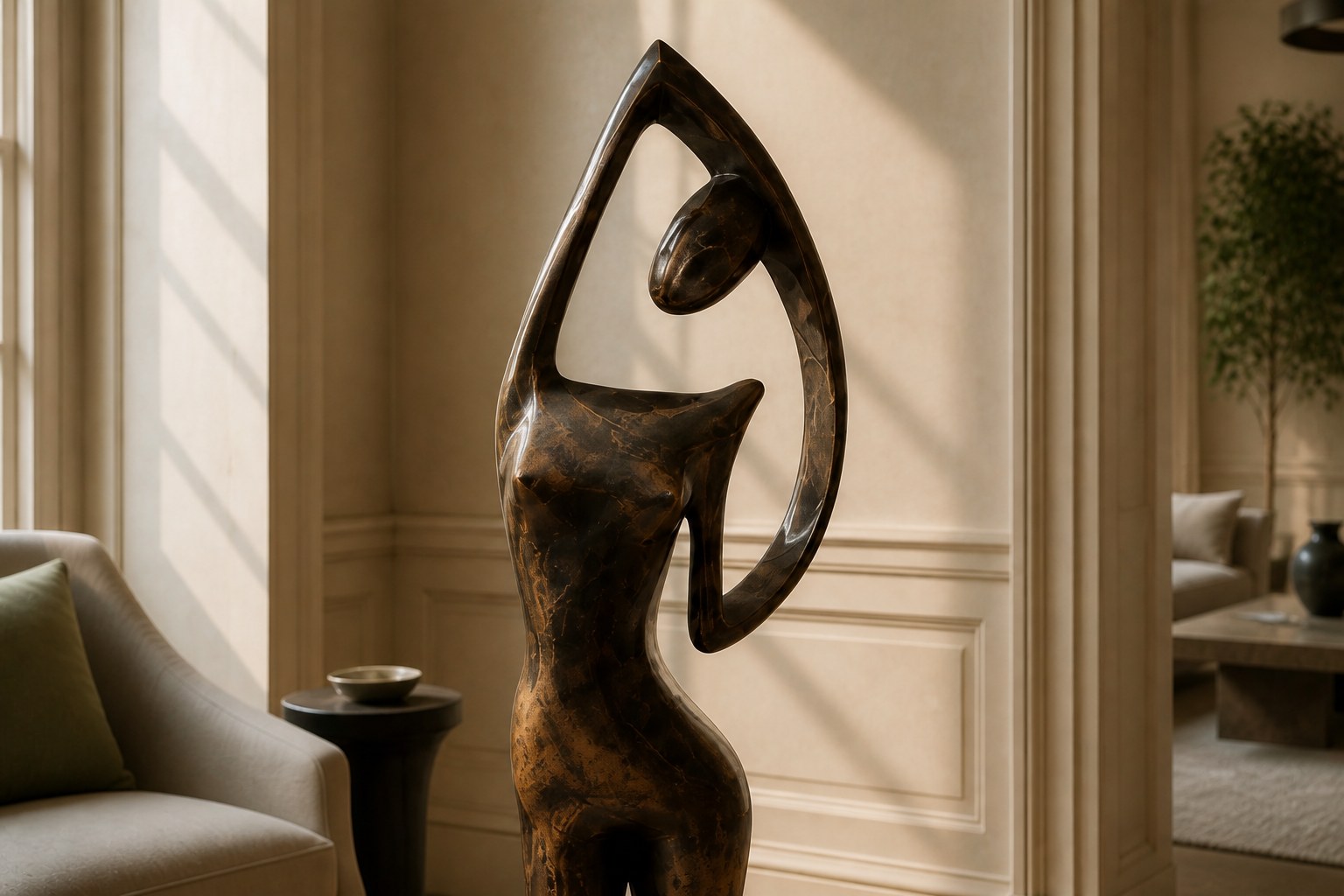 Patinated bronze figure sculpture Voluta, one arm arced overhead into a closed loop, on a small bronze block base.