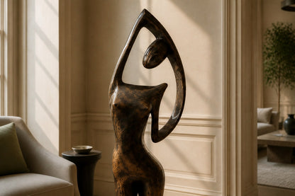 Patinated bronze figure sculpture Voluta, one arm arced overhead into a closed loop, on a small bronze block base.