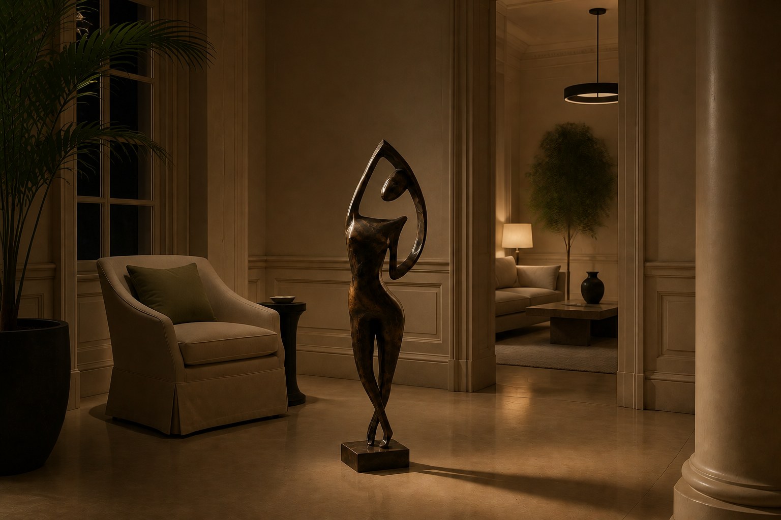 Patinated bronze figure sculpture Voluta, one arm arced overhead into a closed loop, on a small bronze block base.