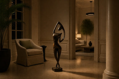 Patinated bronze figure sculpture Voluta, one arm arced overhead into a closed loop, on a small bronze block base.
