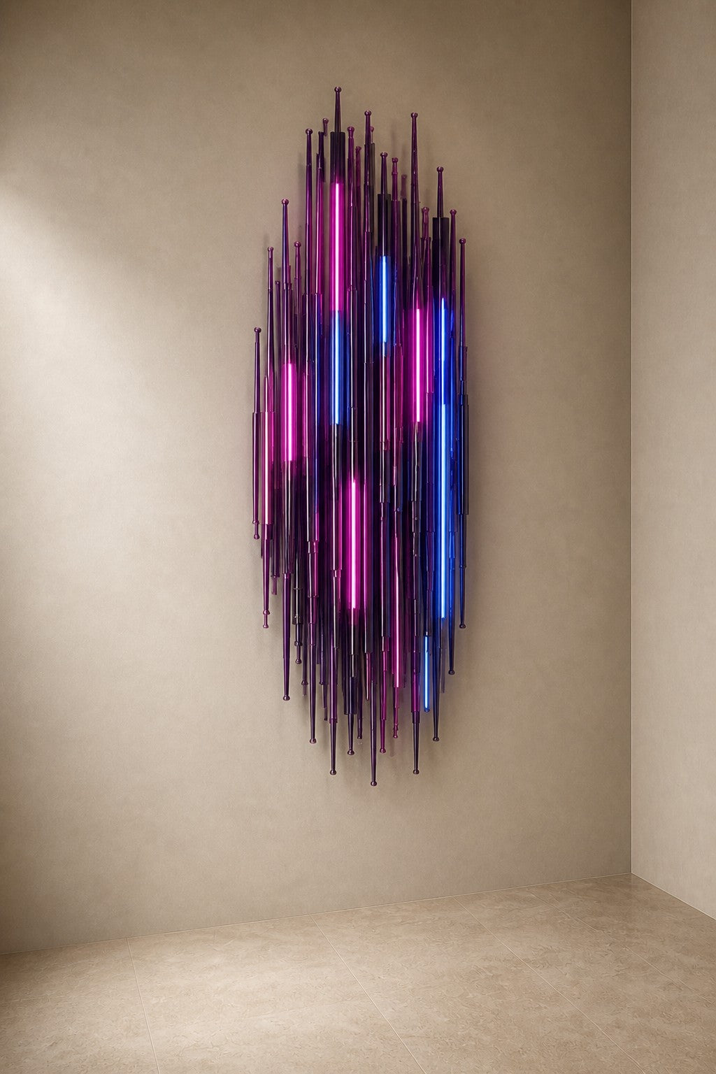 Wahaj — 80 × 150 cm vertical cluster of iridescent purple and blue rods, three-quarter studio view showing its profile