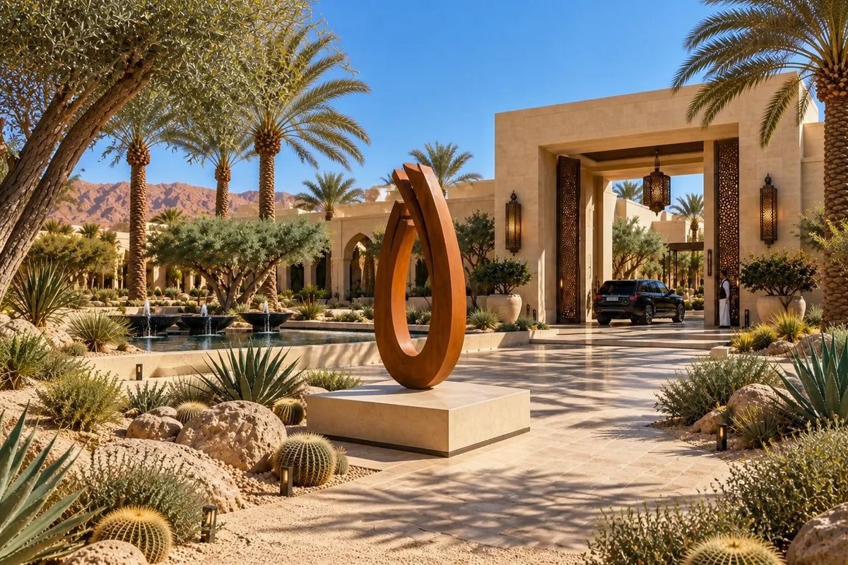 Wahja — 200 cm weathered Corten steel open teardrop loop sculpture on a low stone plinth, placed in a furnished room