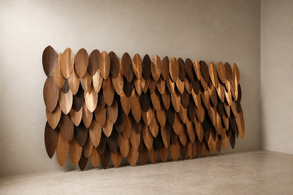 Wide panel of overlapping leaf forms in graded brown tones, leaning against a plaster wall.