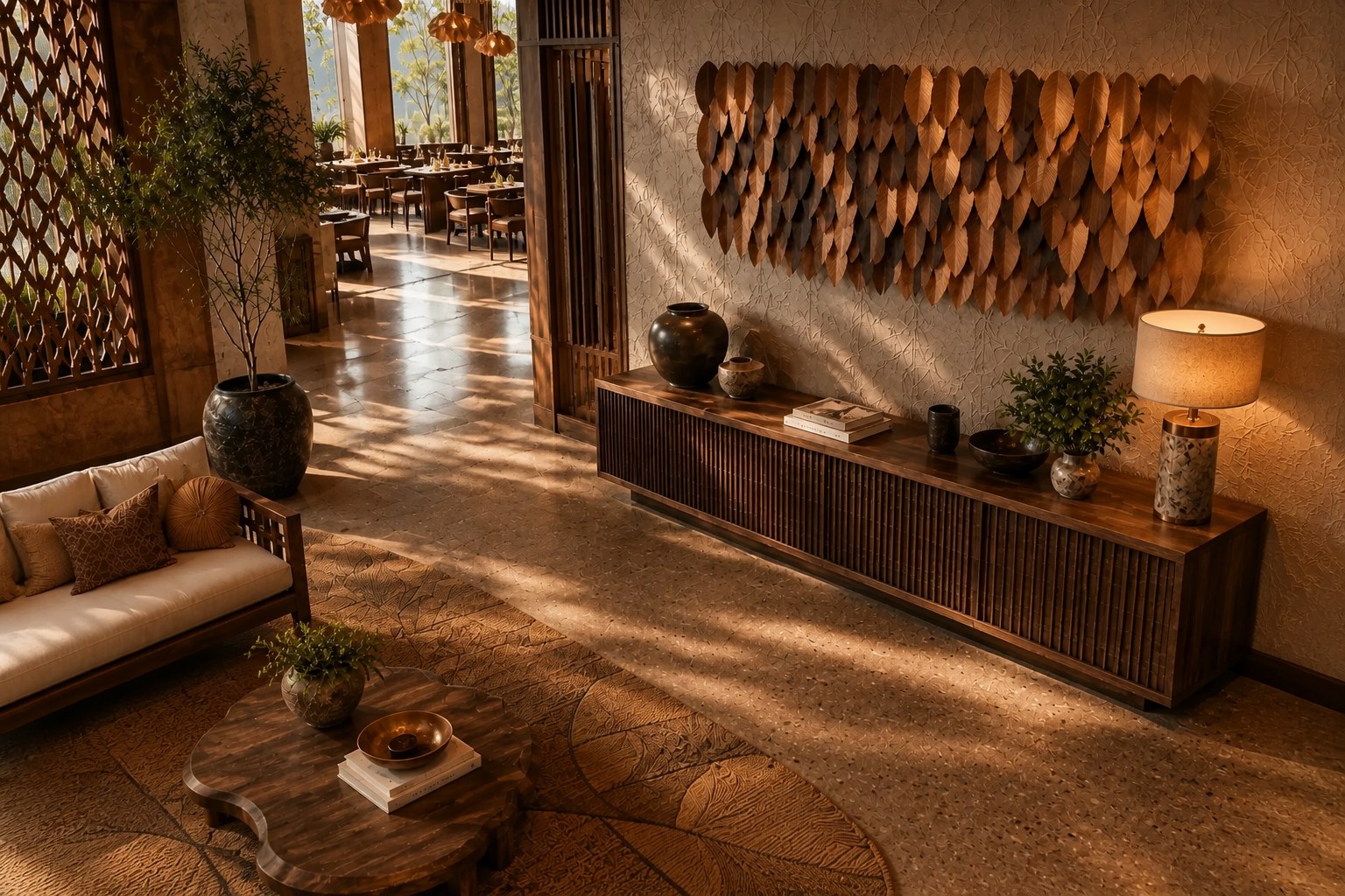Wide panel of overlapping leaf forms in graded brown tones, leaning against a plaster wall.