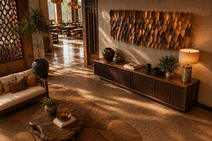 Wide panel of overlapping leaf forms in graded brown tones, leaning against a plaster wall.
