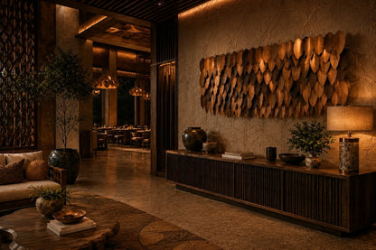 Wide panel of overlapping leaf forms in graded brown tones, leaning against a plaster wall.